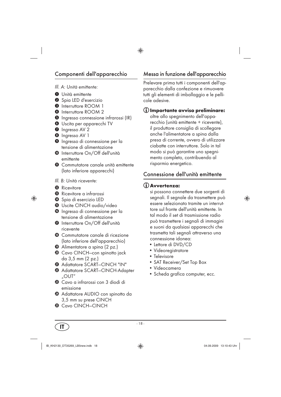 Componenti dell'apparecchio, Messa in funzione dell'apparecchio, Connessione dell'unità emittente | Silvercrest KH 2130 User Manual | Page 20 / 61