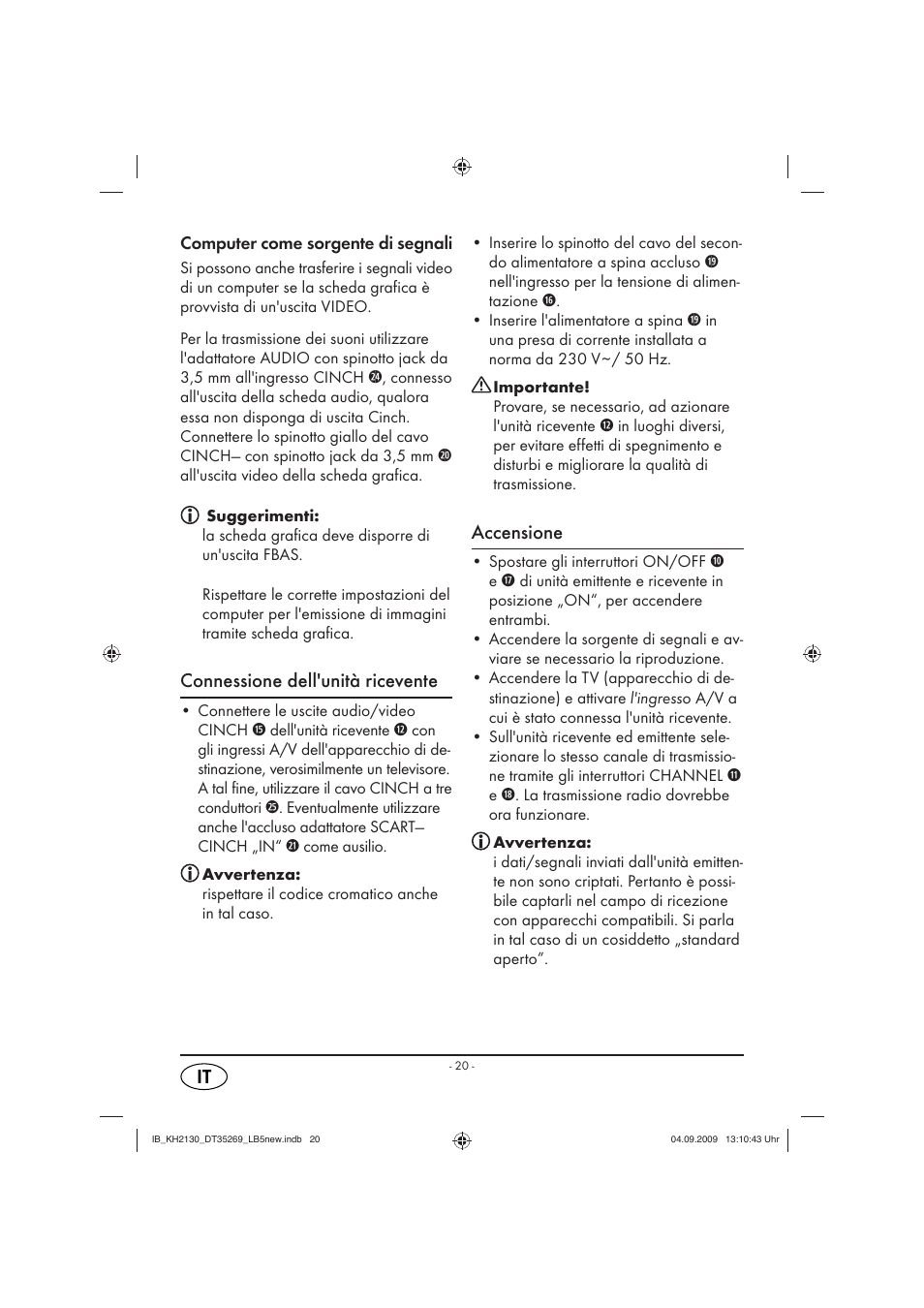 Connessione dell'unità ricevente, Accensione | Silvercrest KH 2130 User Manual | Page 22 / 61
