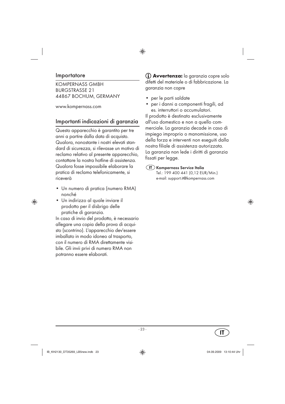 Importatore, Importanti indicazioni di garanzia | Silvercrest KH 2130 User Manual | Page 25 / 61