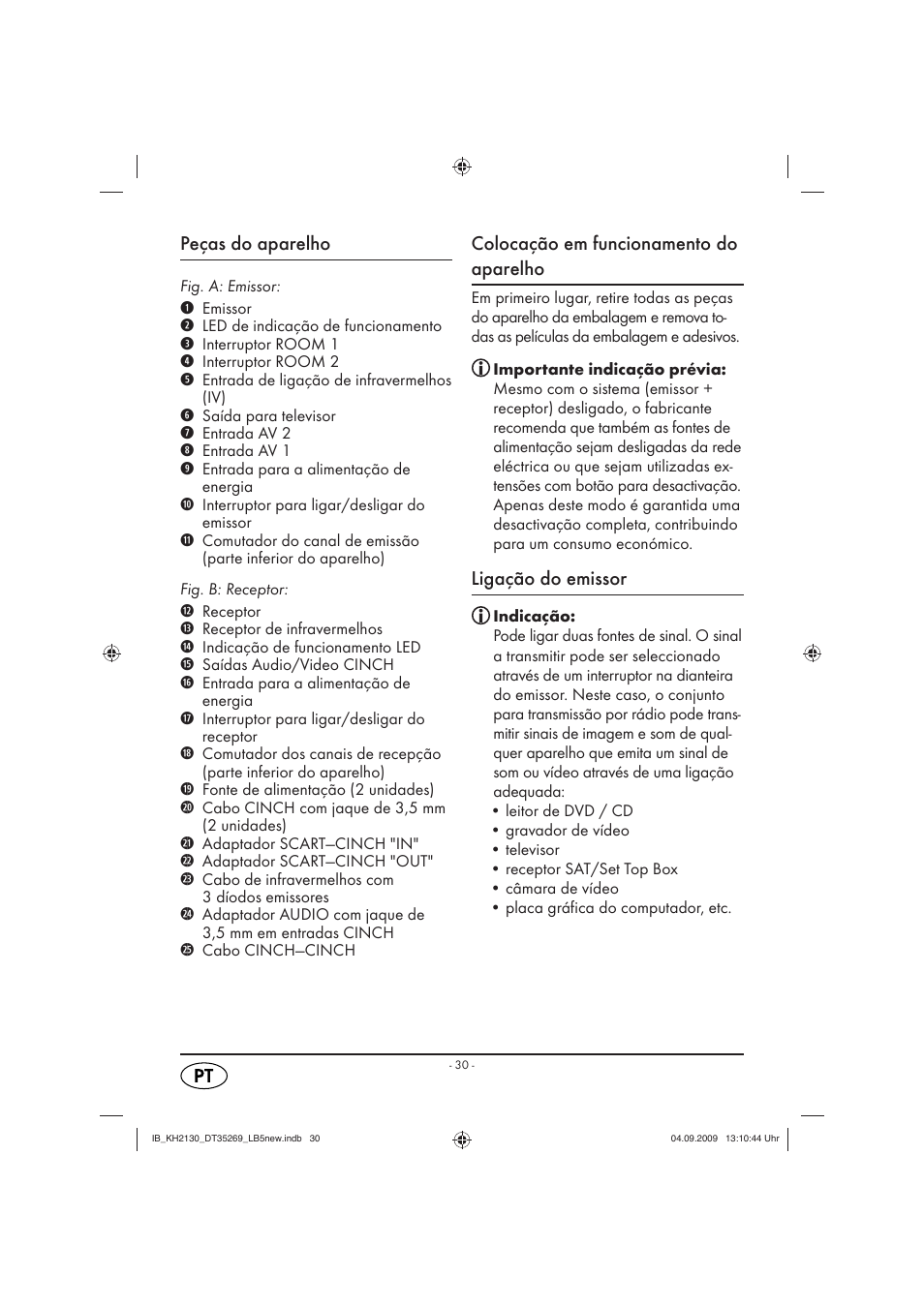 Peças do aparelho, Colocação em funcionamento do aparelho, Ligação do emissor | Silvercrest KH 2130 User Manual | Page 32 / 61