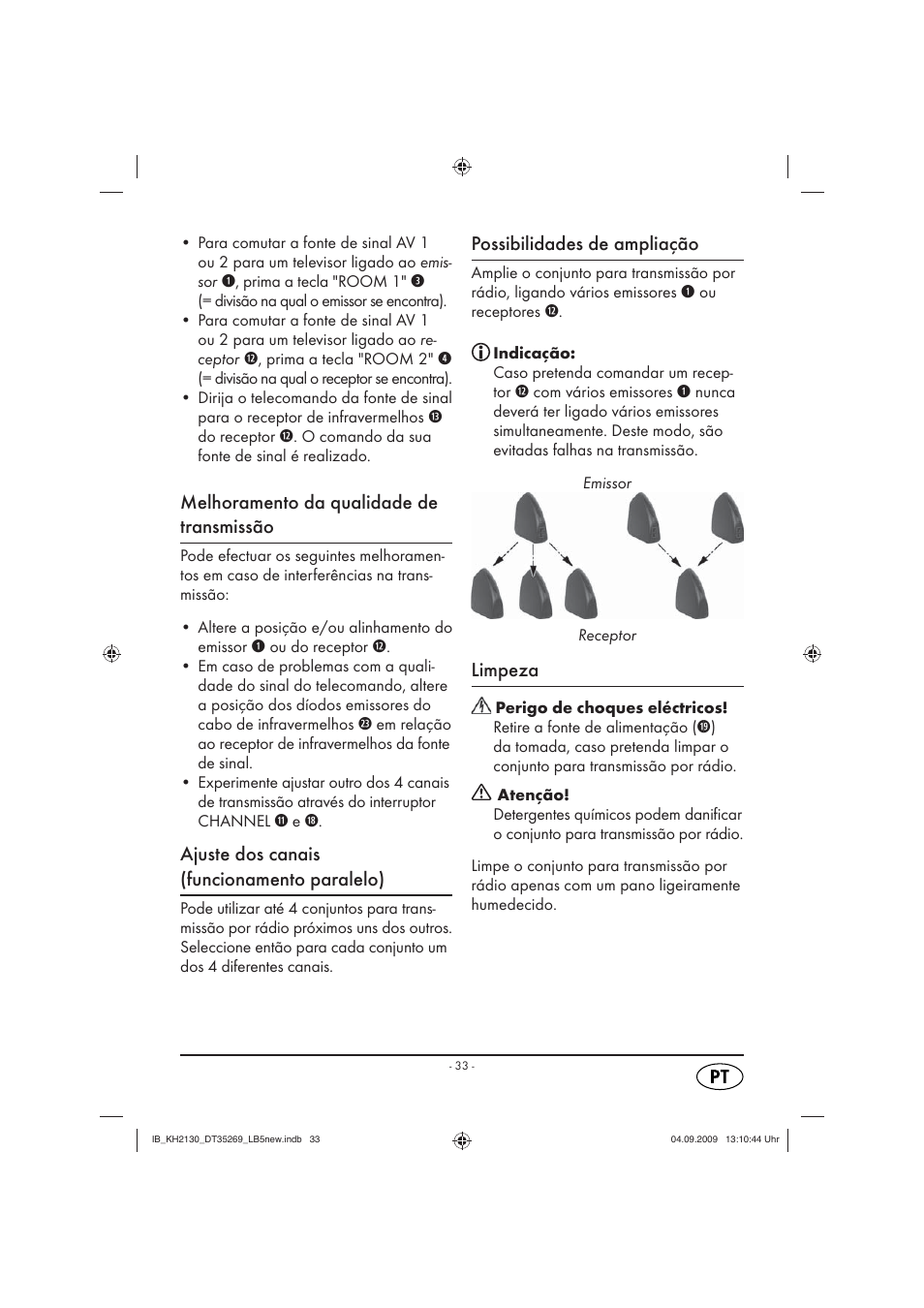 Melhoramento da qualidade de transmissão, Ajuste dos canais (funcionamento paralelo), Possibilidades de ampliação | Limpeza | Silvercrest KH 2130 User Manual | Page 35 / 61