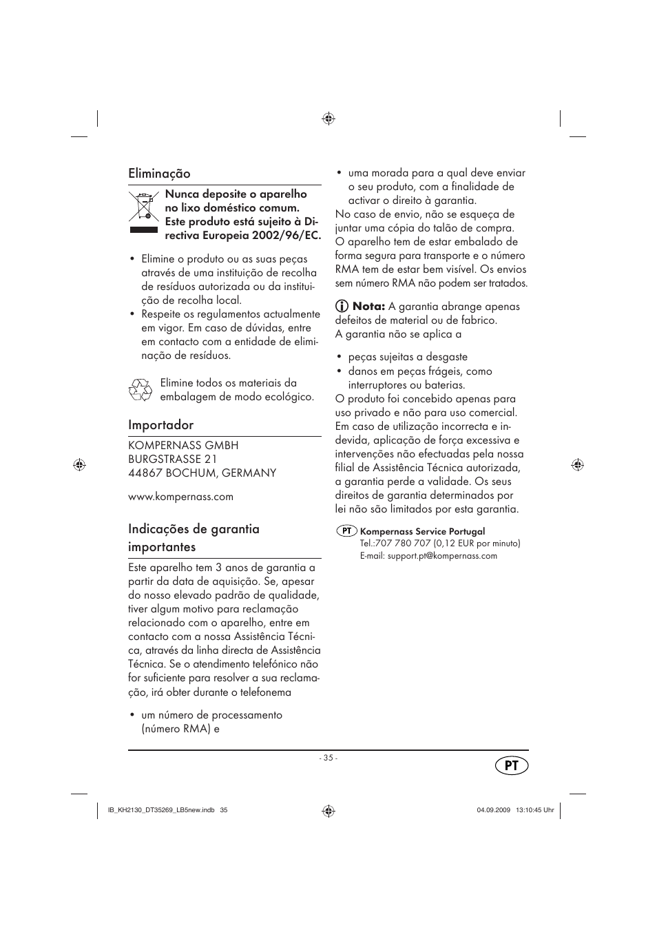 Eliminação, Importador, Indicações de garantia importantes | Silvercrest KH 2130 User Manual | Page 37 / 61