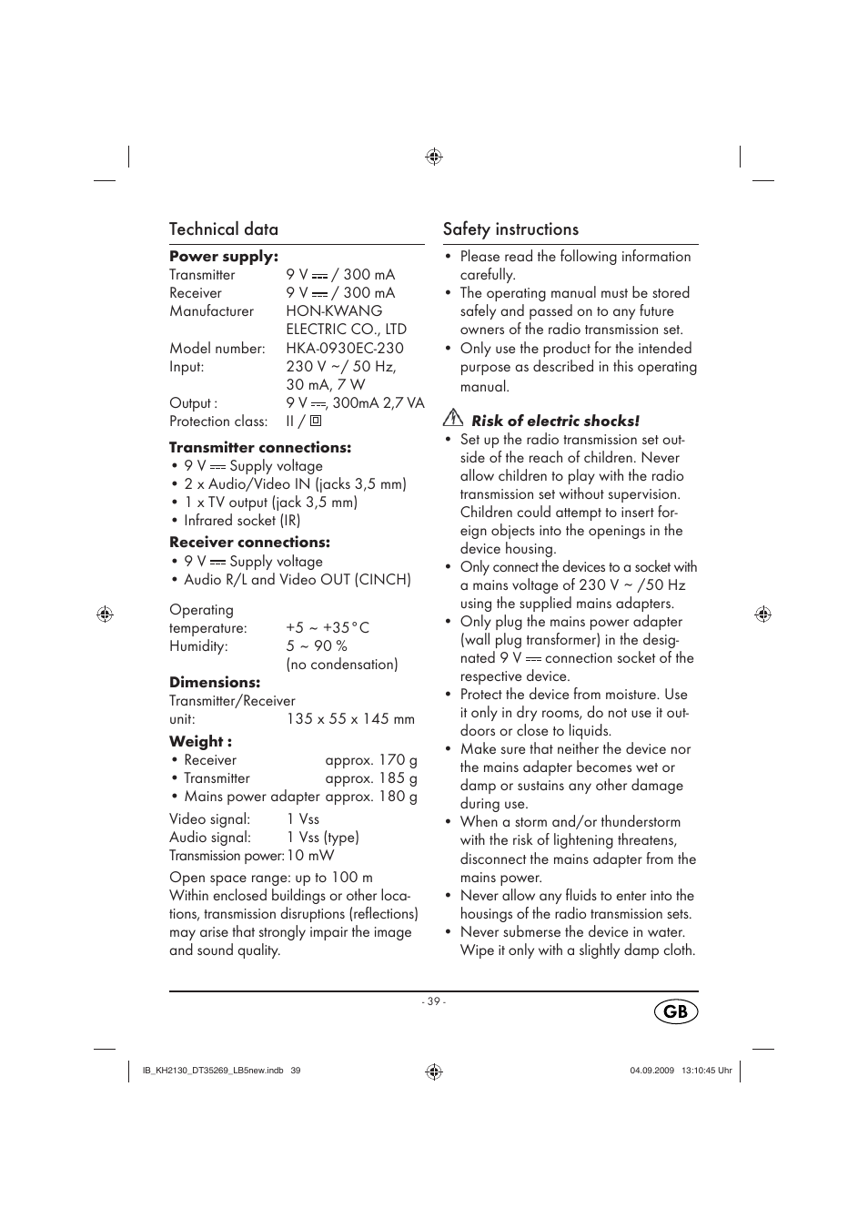 Technical data, Safety instructions | Silvercrest KH 2130 User Manual | Page 41 / 61