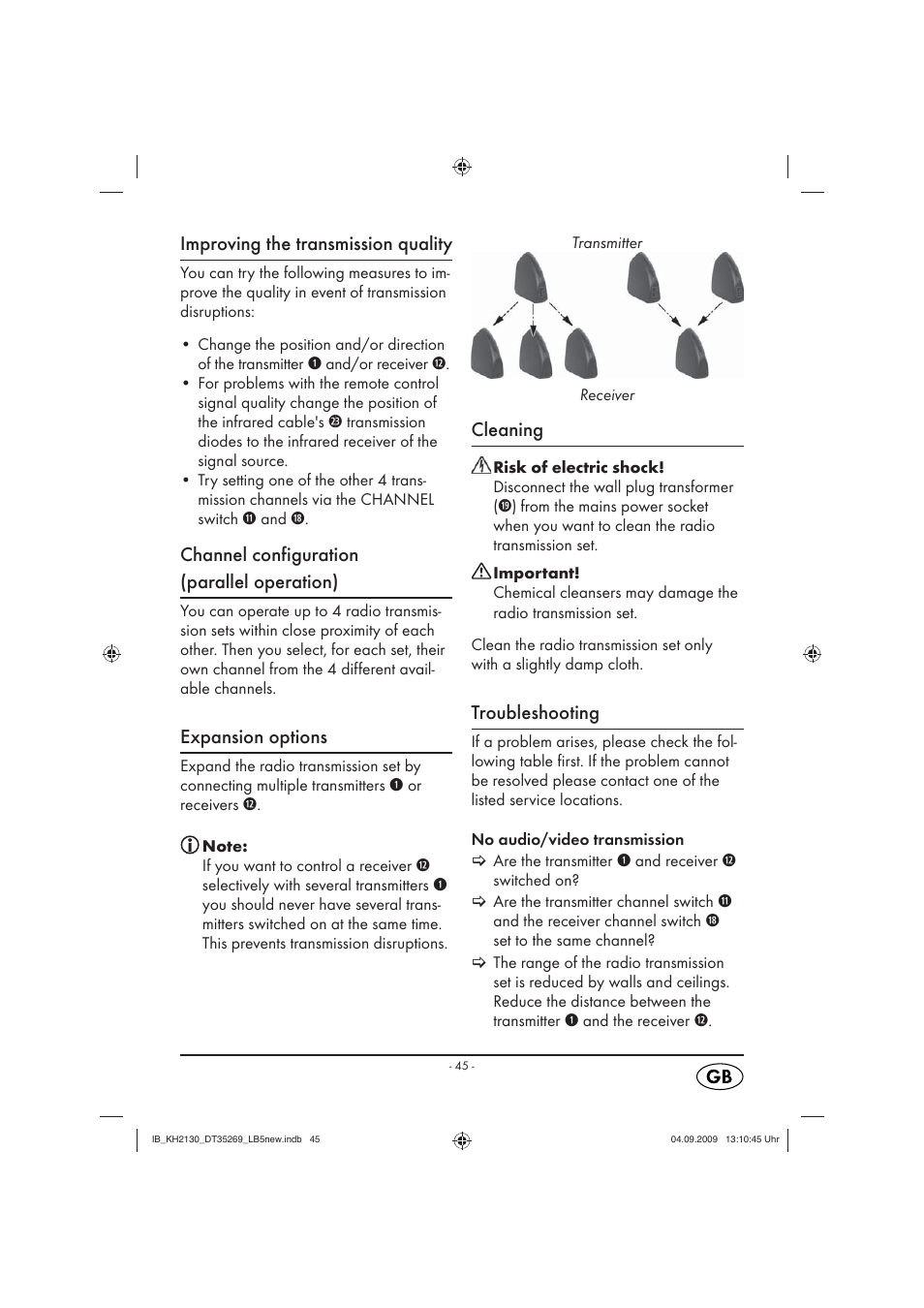 Improving the transmission quality, Channel configuration (parallel operation), Expansion options | Cleaning, Troubleshooting | Silvercrest KH 2130 User Manual | Page 47 / 61