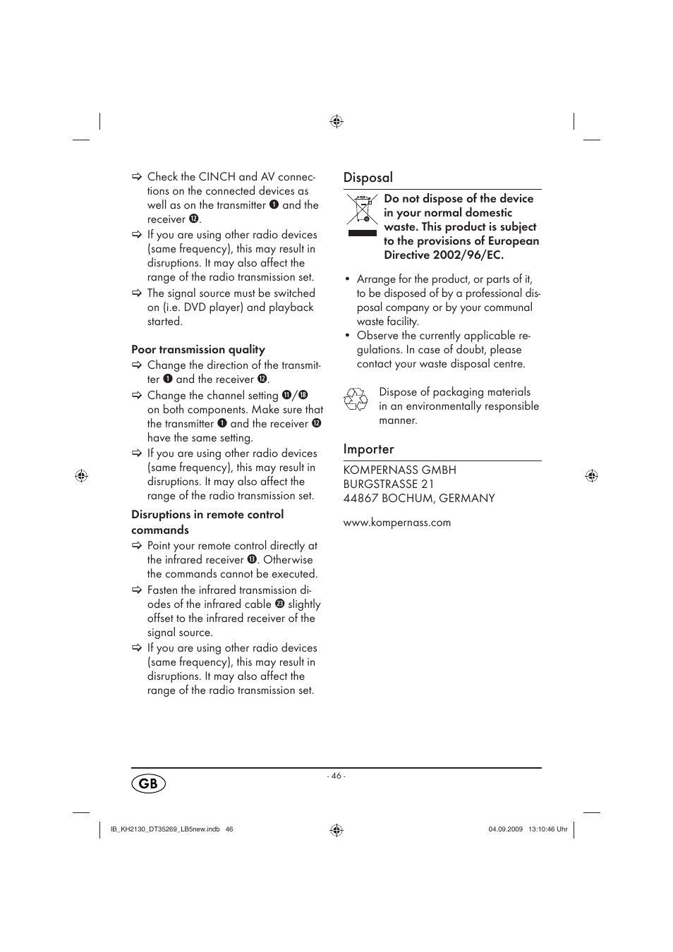 Disposal, Importer | Silvercrest KH 2130 User Manual | Page 48 / 61