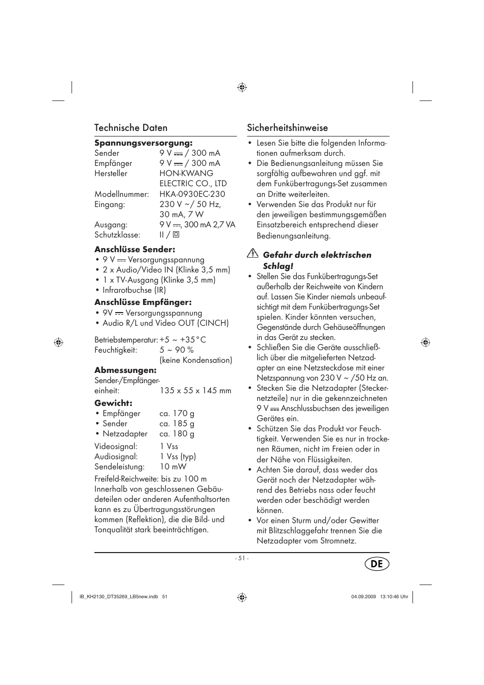 Technische daten, Sicherheitshinweise | Silvercrest KH 2130 User Manual | Page 53 / 61