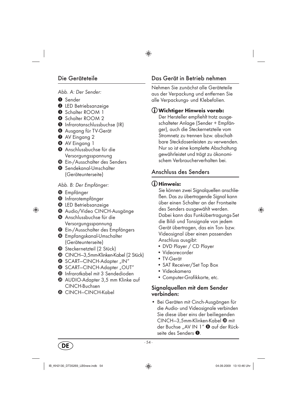 Die geräteteile, Das gerät in betrieb nehmen, Anschluss des senders | Silvercrest KH 2130 User Manual | Page 56 / 61
