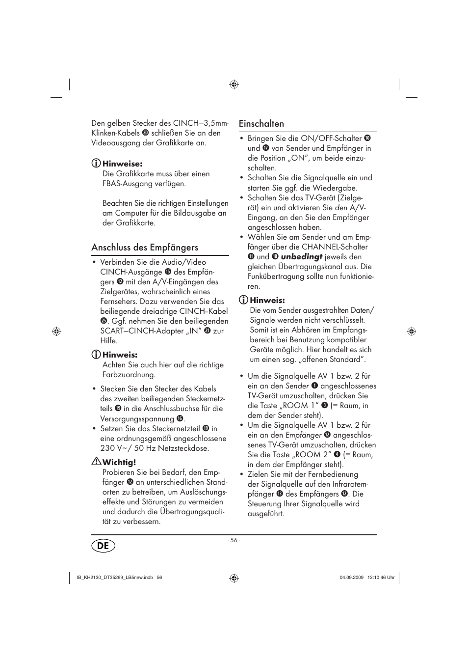 Anschluss des empfängers, Einschalten | Silvercrest KH 2130 User Manual | Page 58 / 61