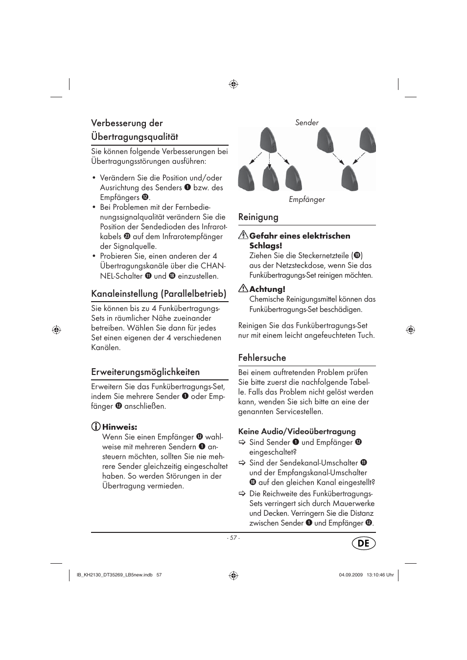 Verbesserung der übertragungsqualität, Kanaleinstellung (parallelbetrieb), Erweiterungsmöglichkeiten | Reinigung, Fehlersuche | Silvercrest KH 2130 User Manual | Page 59 / 61