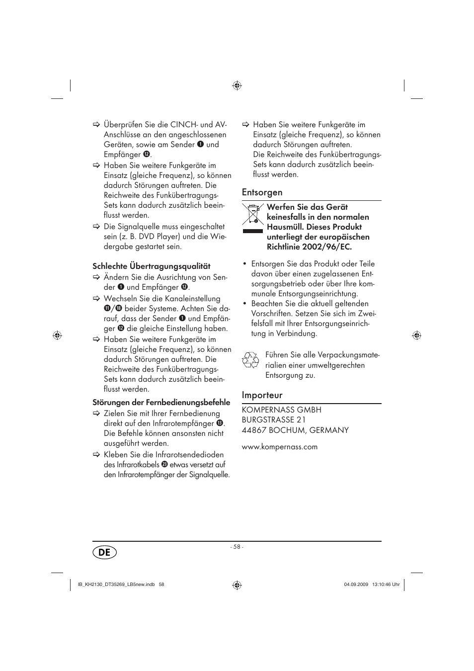 Entsorgen, Importeur | Silvercrest KH 2130 User Manual | Page 60 / 61