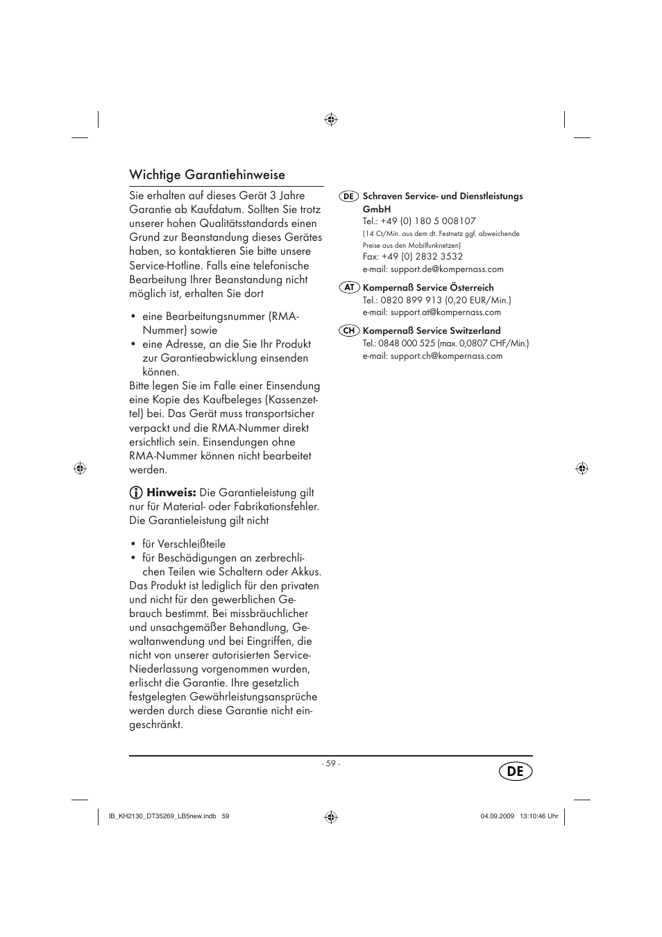 Wichtige garantiehinweise | Silvercrest KH 2130 User Manual | Page 61 / 61
