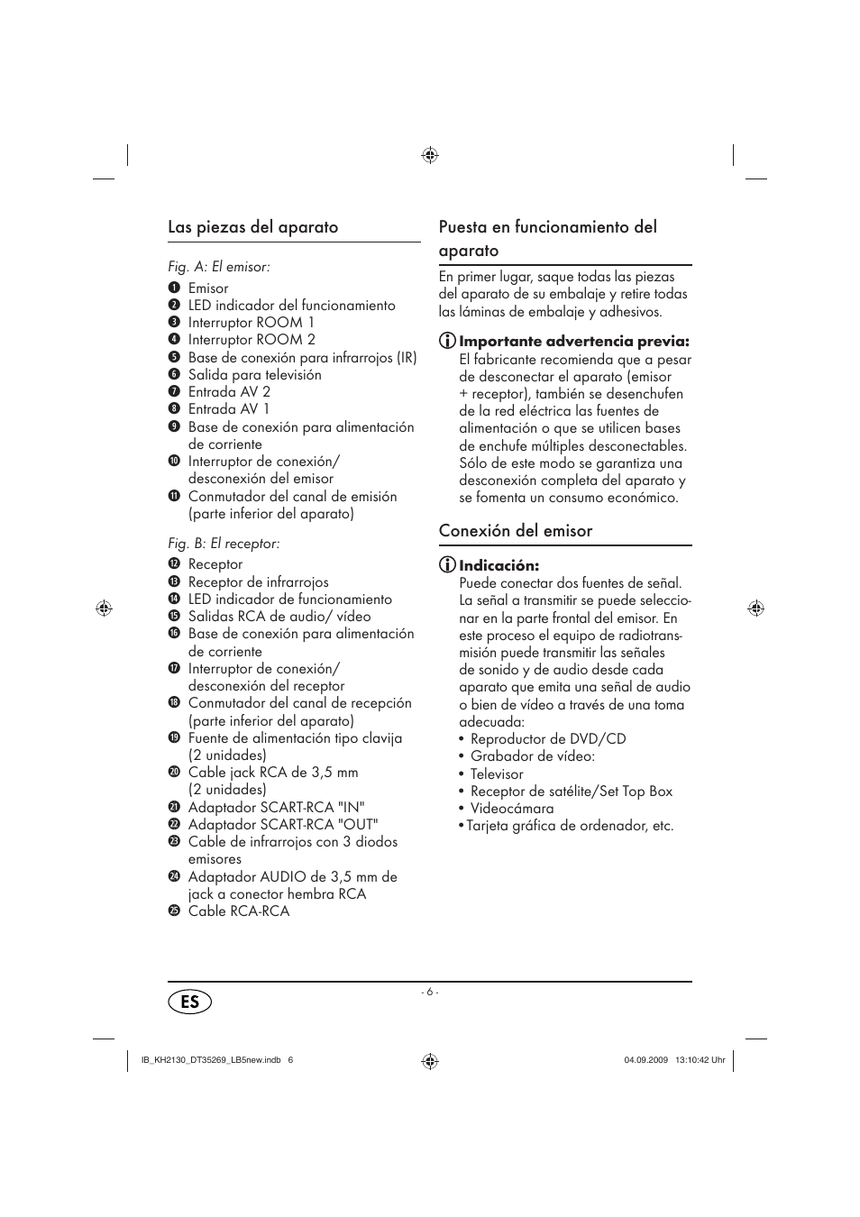 Las piezas del aparato, Puesta en funcionamiento del aparato, Conexión del emisor | Silvercrest KH 2130 User Manual | Page 8 / 61