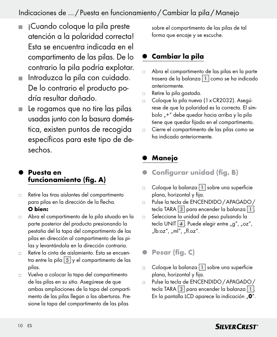 Puesta en funcionamiento (fig. a), Cambiar la pila, Manejo configurar unidad (fig. b) | Pesar (fig. c) | Silvercrest SKWD B1 User Manual | Page 10 / 52