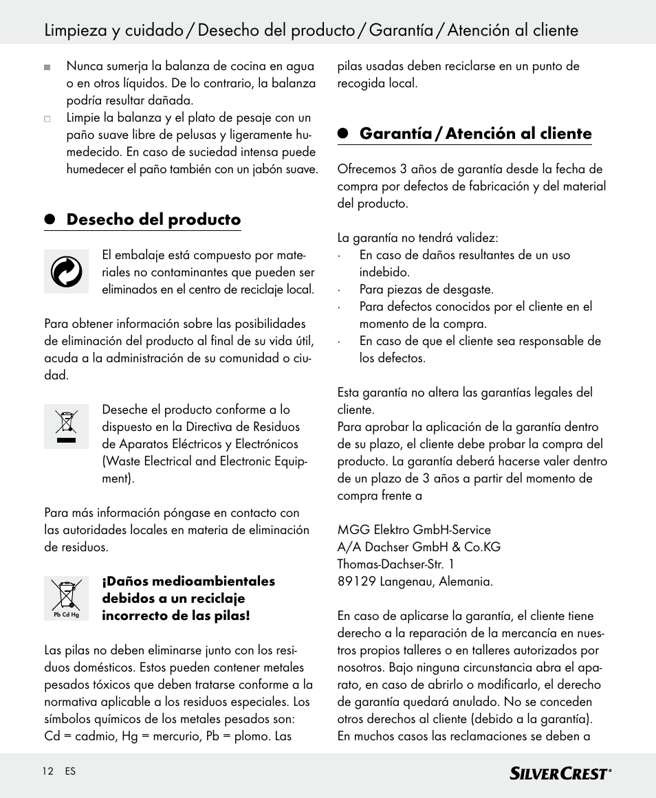 Desecho del producto, Garantía / atención al cliente | Silvercrest SKWD B1 User Manual | Page 12 / 52