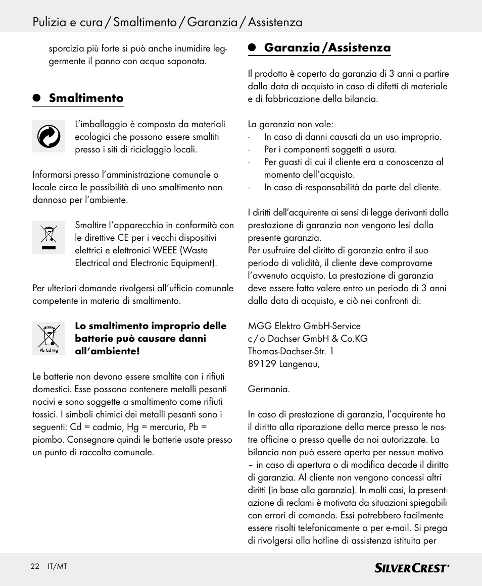 Smaltimento, Garanzia /assistenza | Silvercrest SKWD B1 User Manual | Page 22 / 52