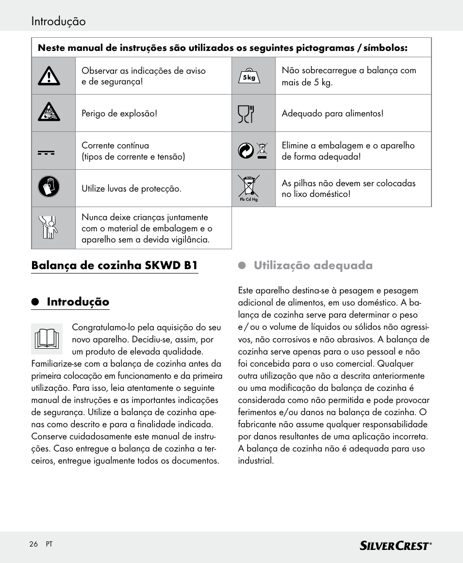 Introdução, Balança de cozinha skwd b1 introdução, Utilização adequada | Silvercrest SKWD B1 User Manual | Page 26 / 52