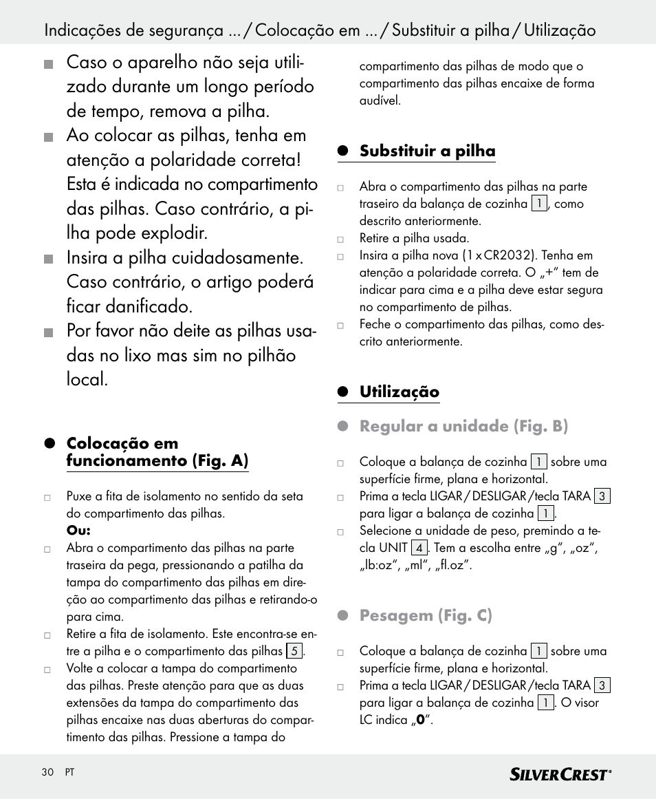 Colocação em funcionamento (fig. a), Substituir a pilha, Utilização regular a unidade (fig. b) | Pesagem (fig. c) | Silvercrest SKWD B1 User Manual | Page 30 / 52
