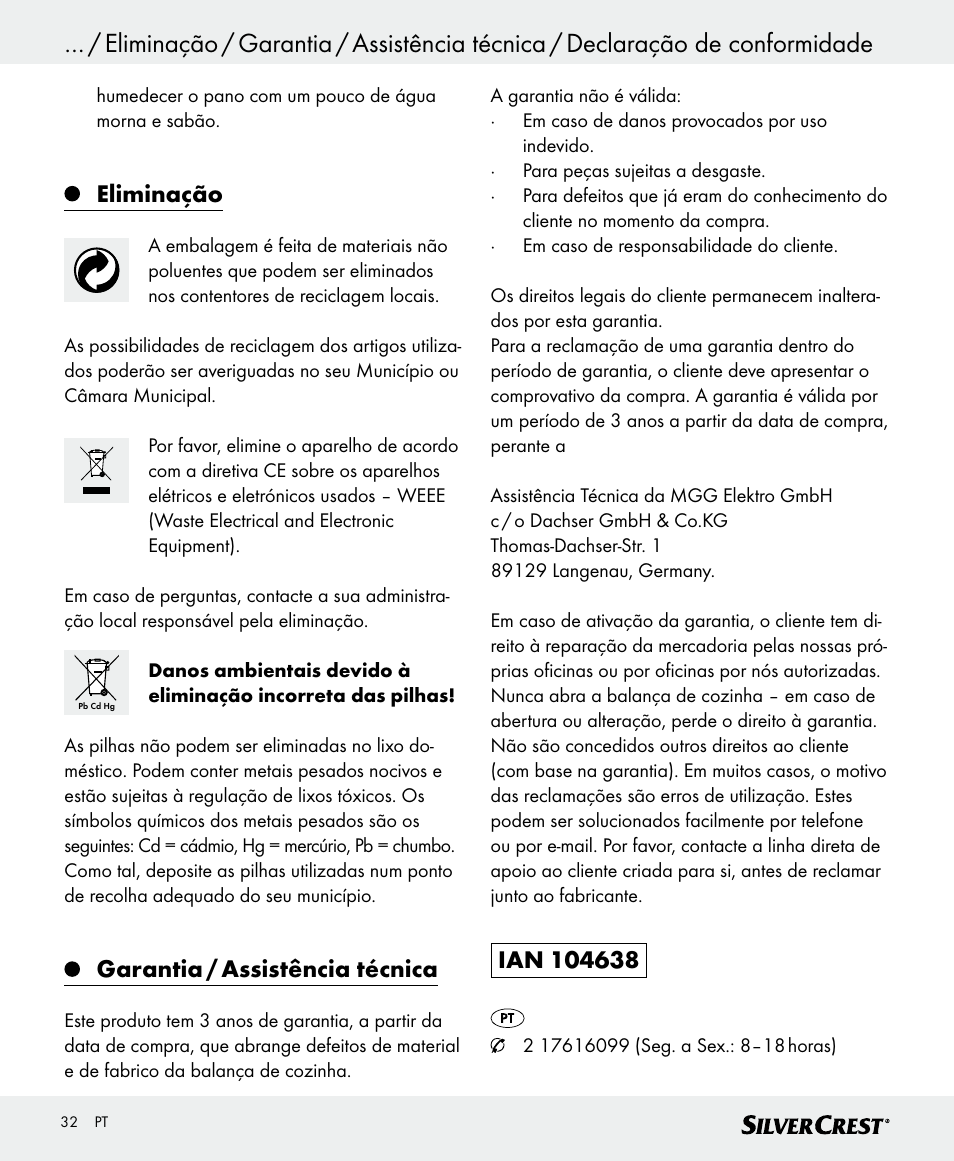 Eliminação, Garantia / assistência técnica | Silvercrest SKWD B1 User Manual | Page 32 / 52