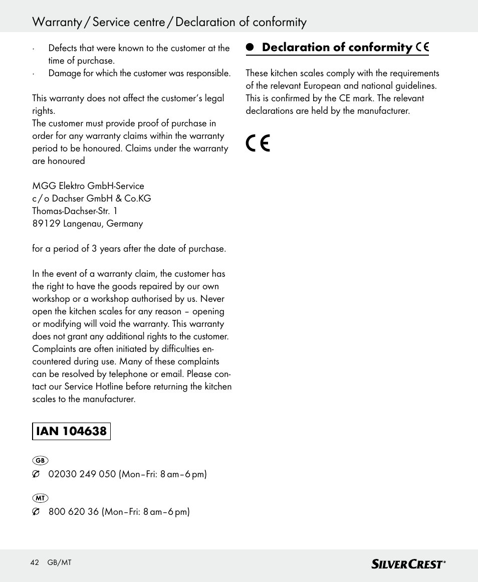 Declaration of conformity | Silvercrest SKWD B1 User Manual | Page 42 / 52