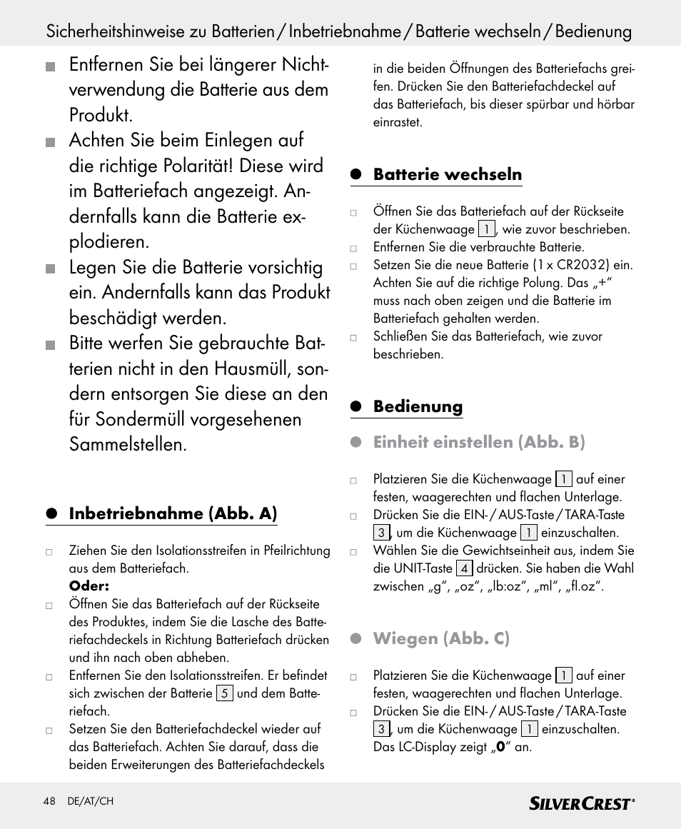 Inbetriebnahme (abb. a), Batterie wechseln, Bedienung einheit einstellen (abb. b) | Wiegen (abb. c) | Silvercrest SKWD B1 User Manual | Page 48 / 52