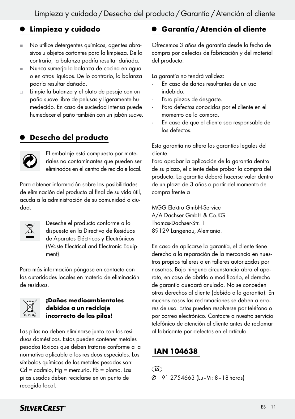 Limpieza y cuidado, Desecho del producto, Garantía / atención al cliente | Silvercrest SKWD B1 User Manual | Page 11 / 45