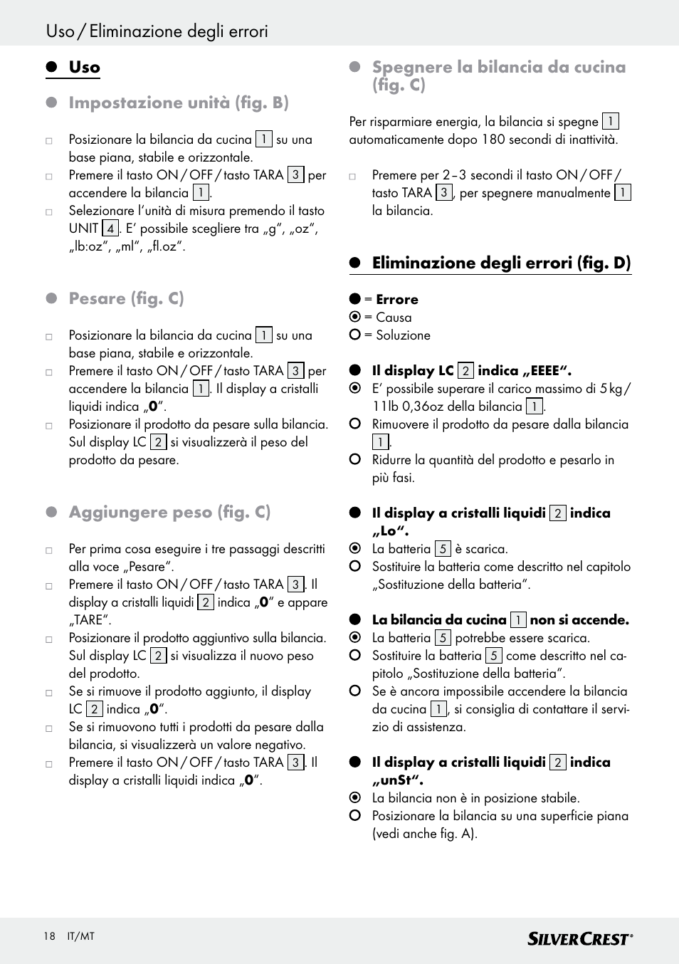 Uso / eliminazione degli errori, Uso impostazione unità (fig. b), Pesare (fig. c) | Aggiungere peso (fig. c), Spegnere la bilancia da cucina (fig. c), Eliminazione degli errori (fig. d) | Silvercrest SKWD B1 User Manual | Page 18 / 45