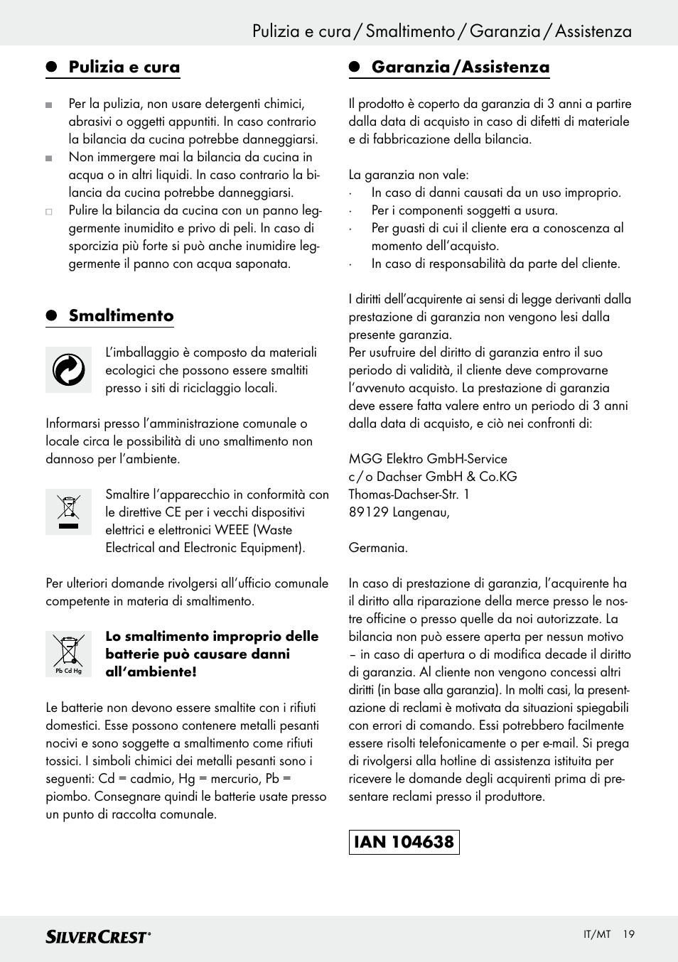Pulizia e cura, Smaltimento, Garanzia /assistenza | Silvercrest SKWD B1 User Manual | Page 19 / 45