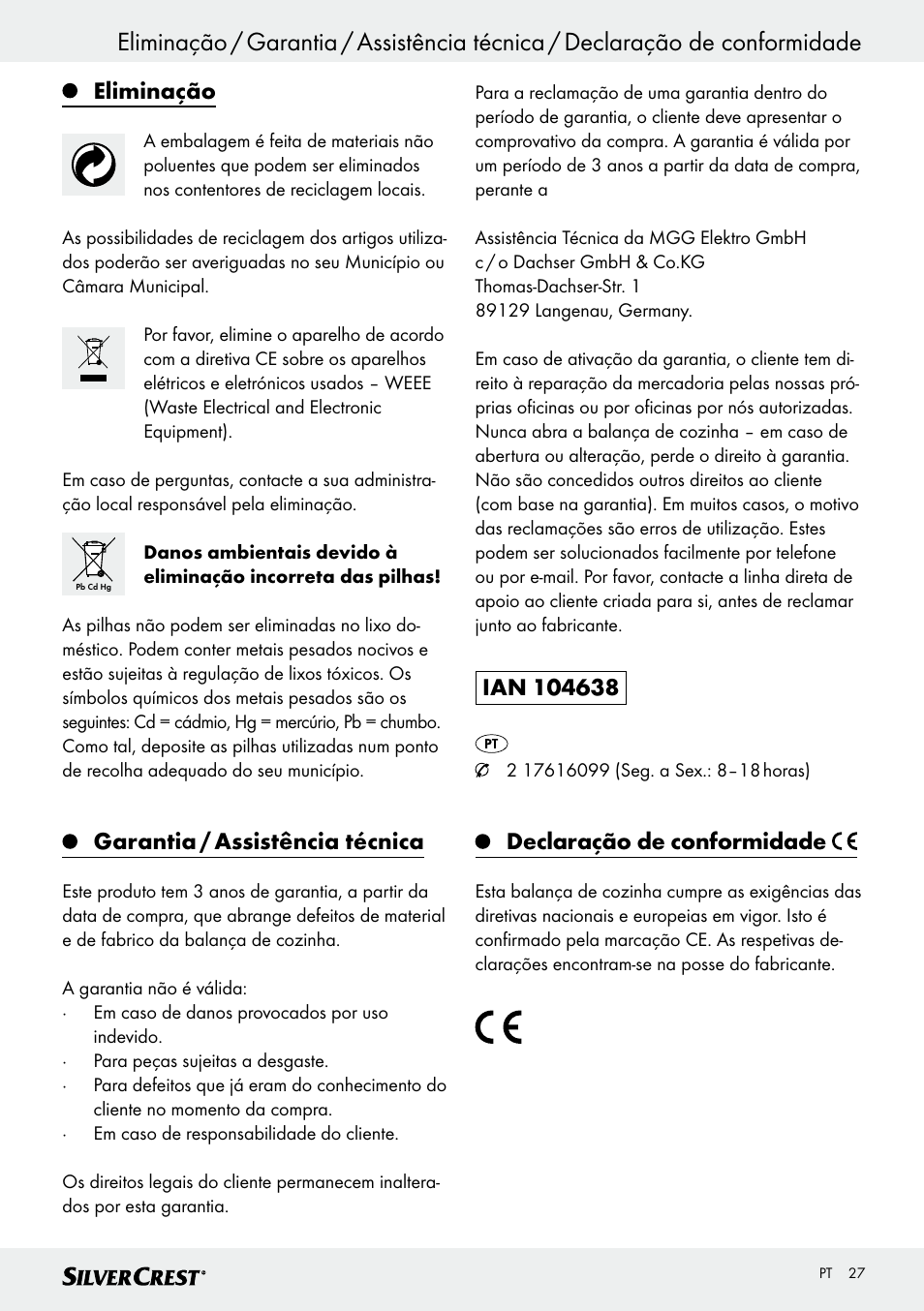 Eliminação, Garantia / assistência técnica, Declaração de conformidade | Silvercrest SKWD B1 User Manual | Page 27 / 45