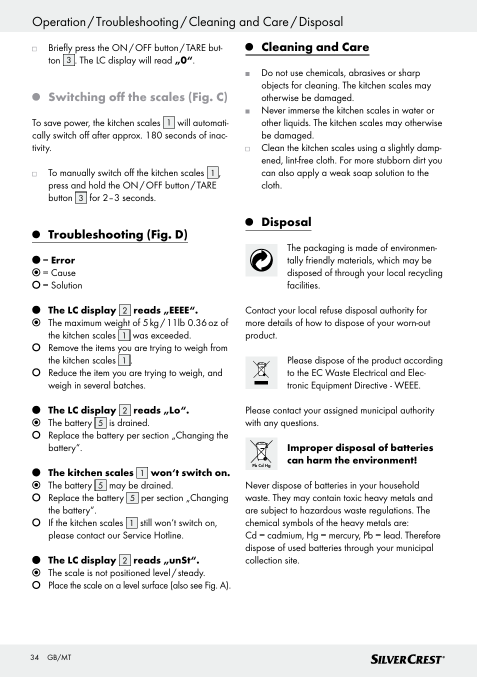 Switching off the scales (fig. c), Troubleshooting (fig. d), Cleaning and care | Disposal | Silvercrest SKWD B1 User Manual | Page 34 / 45