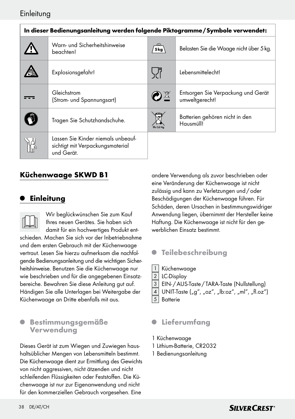 Einleitung, Küchenwaage skwd b1 einleitung, Bestimmungsgemäße verwendung | Teilebeschreibung, Lieferumfang | Silvercrest SKWD B1 User Manual | Page 38 / 45