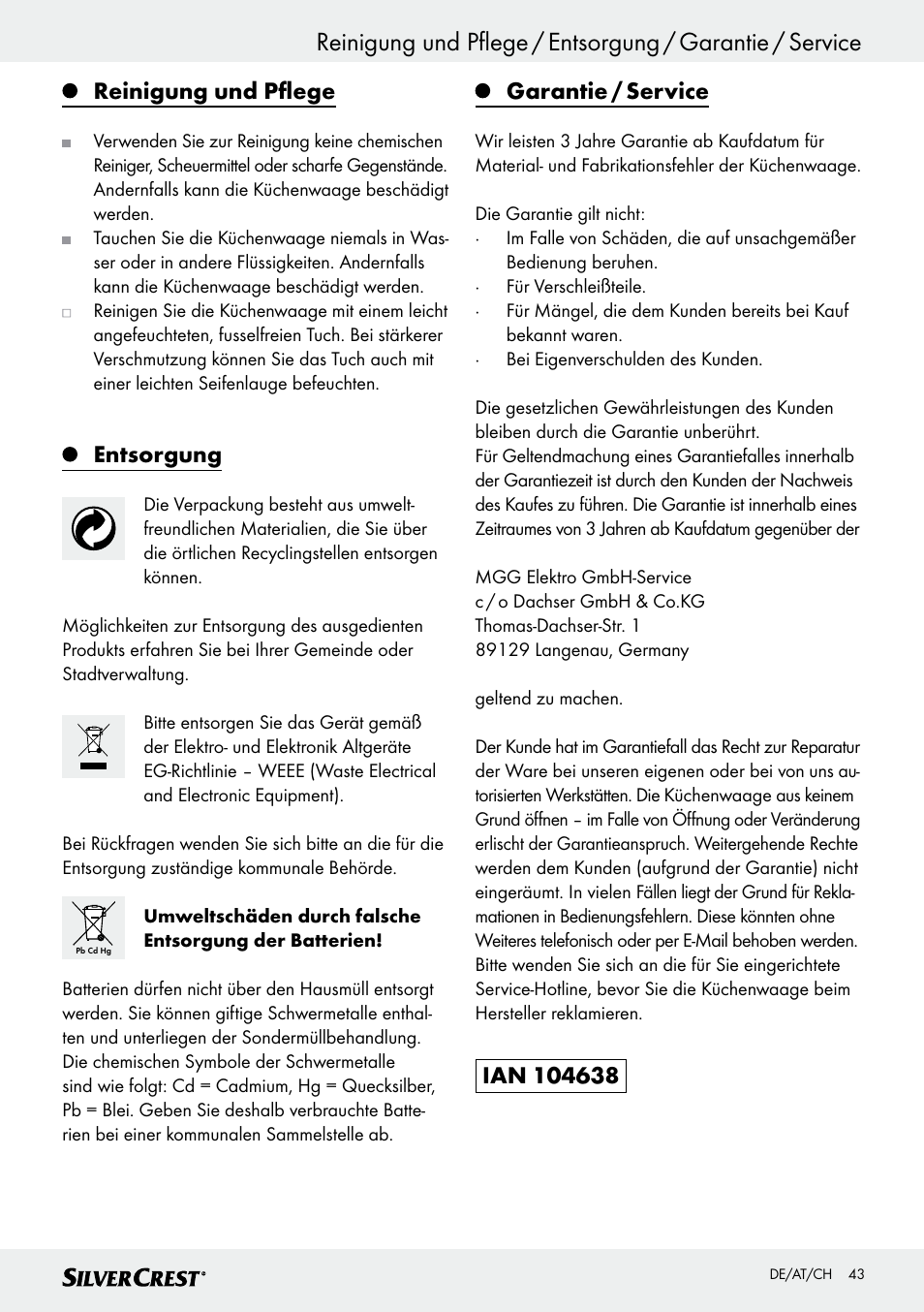 Reinigung und pflege, Entsorgung, Garantie / service | Silvercrest SKWD B1 User Manual | Page 43 / 45