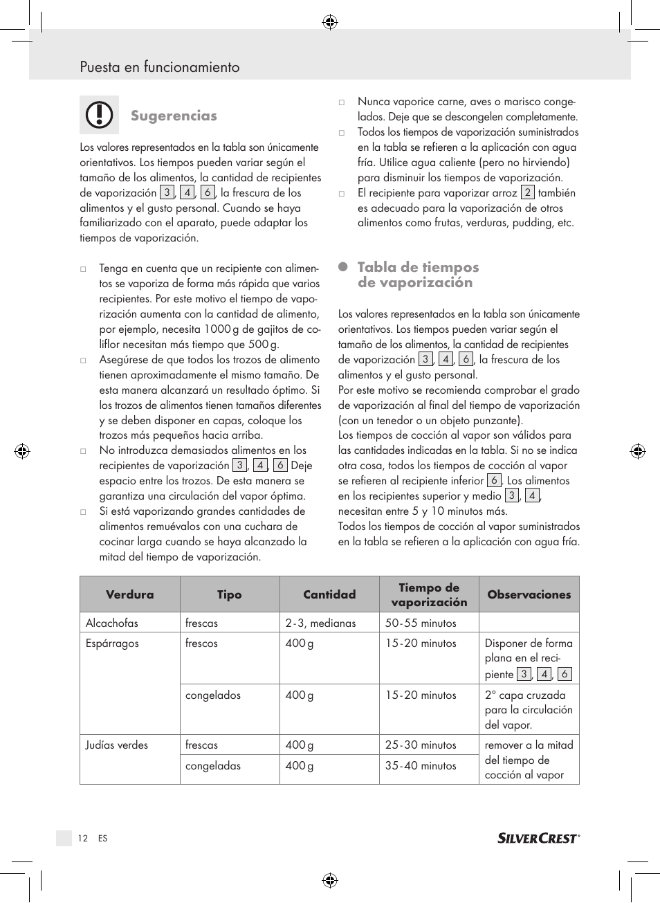 Puesta en funcionamiento, Sugerencias, Tabla de tiempos de vaporización | Silvercrest SDG 800 A1 User Manual | Page 10 / 72