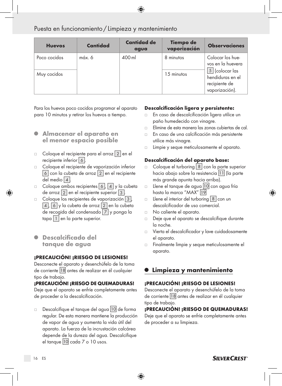 Almacenar el aparato en el menor espacio posible, Descalcificado del tanque de agua, Limpieza y mantenimiento | Silvercrest SDG 800 A1 User Manual | Page 14 / 72