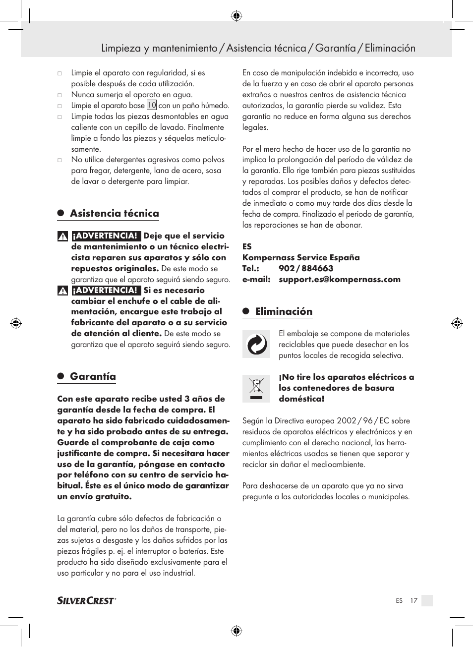 Asistencia técnica, Garantía, Eliminación | Silvercrest SDG 800 A1 User Manual | Page 15 / 72