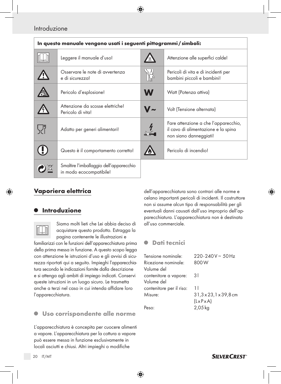 Introduzione, Vaporiera elettrica, Uso corrispondente alle norme | Dati tecnici | Silvercrest SDG 800 A1 User Manual | Page 18 / 72
