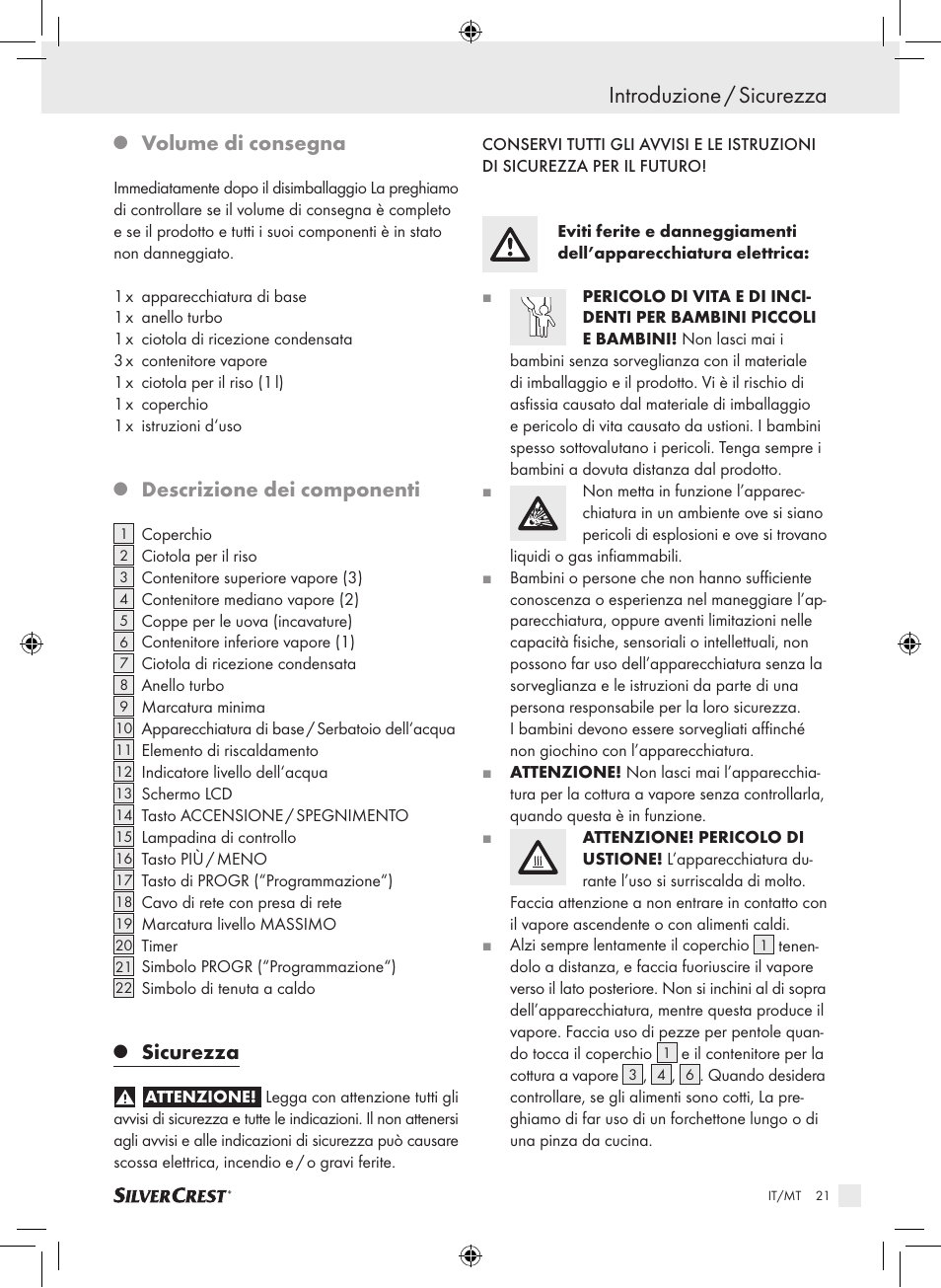 Introduzione / sicurezza, Volume di consegna, Descrizione dei componenti | Sicurezza | Silvercrest SDG 800 A1 User Manual | Page 19 / 72