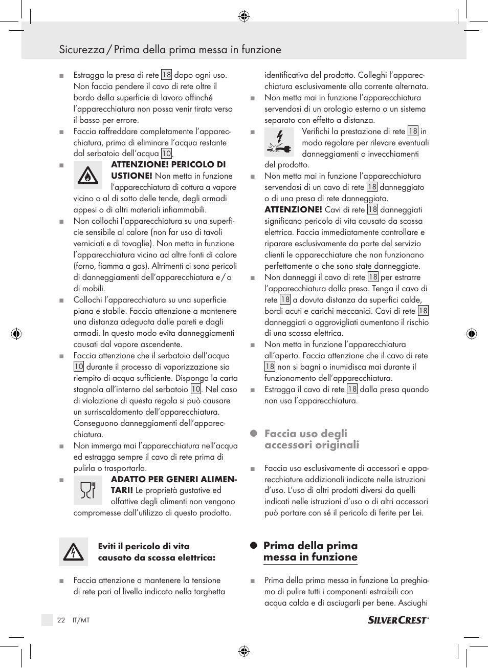 Sicurezza / prima della prima messa in funzione, Faccia uso degli accessori originali, Prima della prima messa in funzione | Silvercrest SDG 800 A1 User Manual | Page 20 / 72