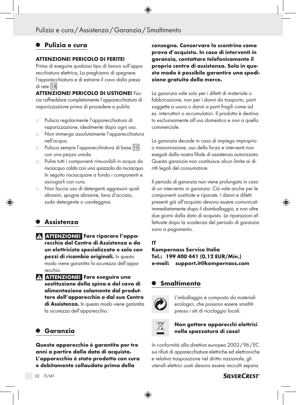 Pulizia e cura, Assistenza, Garanzia | Smaltimento | Silvercrest SDG 800 A1 User Manual | Page 30 / 72