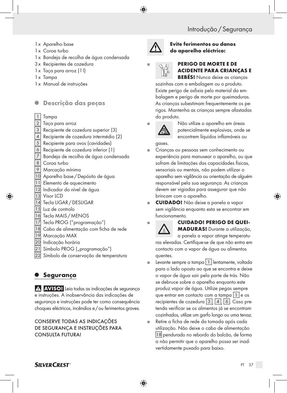 Introdução / segurança, Descrição das peças, Segurança | Silvercrest SDG 800 A1 User Manual | Page 35 / 72