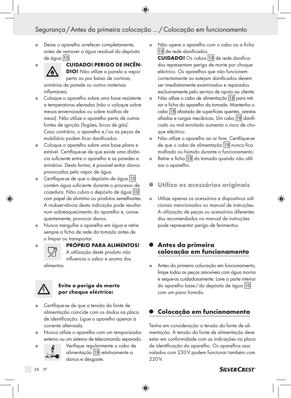 Utilize os acessórios originais, Antes da primeira colocação em funcionamento, Colocação em funcionamento | Silvercrest SDG 800 A1 User Manual | Page 36 / 72
