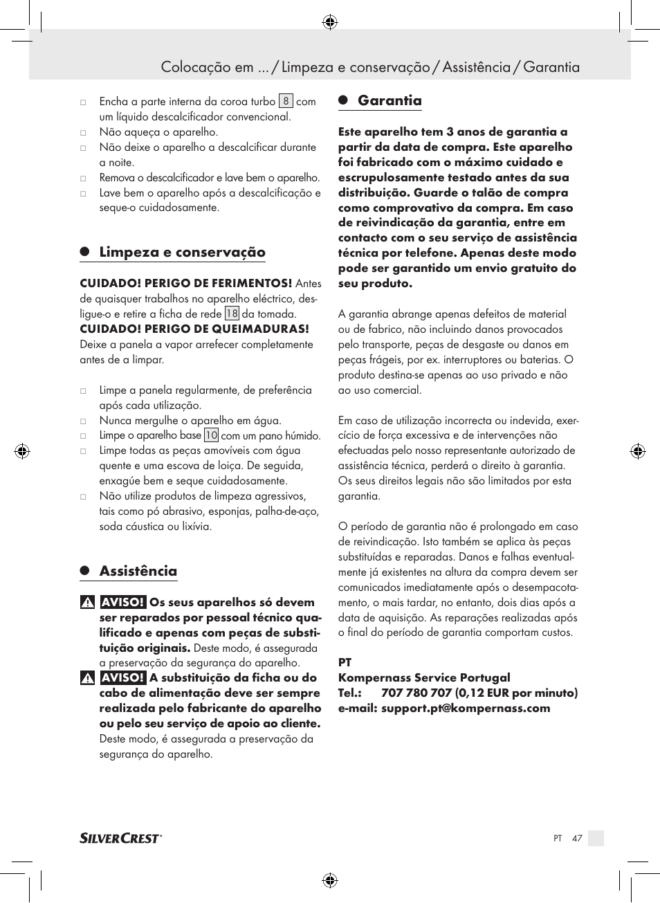 Limpeza e conservação, Assistência, Garantia | Silvercrest SDG 800 A1 User Manual | Page 45 / 72