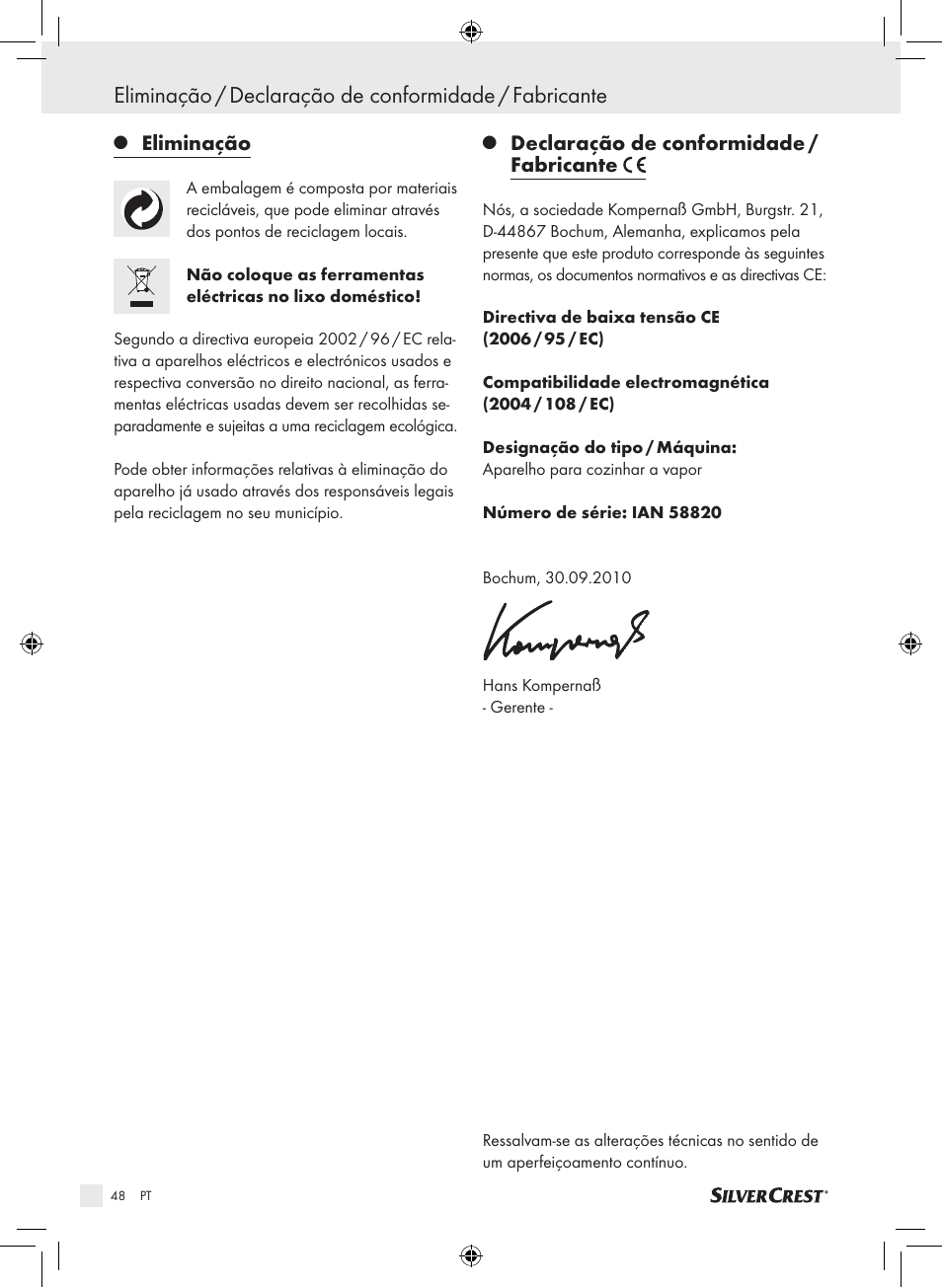 Eliminação, Declaração de conformidade / fabricante | Silvercrest SDG 800 A1 User Manual | Page 46 / 72