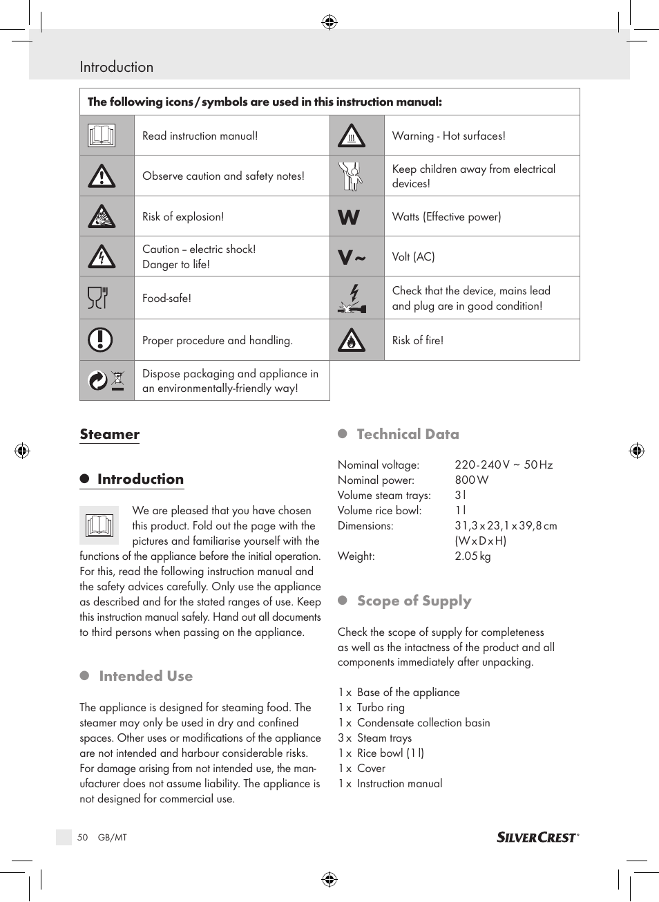 Introduction, Steamer, Intended use | Technical data, Scope of supply | Silvercrest SDG 800 A1 User Manual | Page 48 / 72