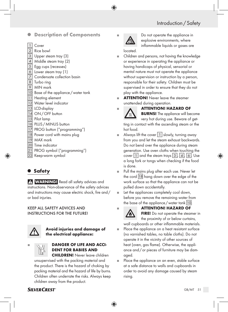 Introduction / safety, Description of components, Safety | Silvercrest SDG 800 A1 User Manual | Page 49 / 72