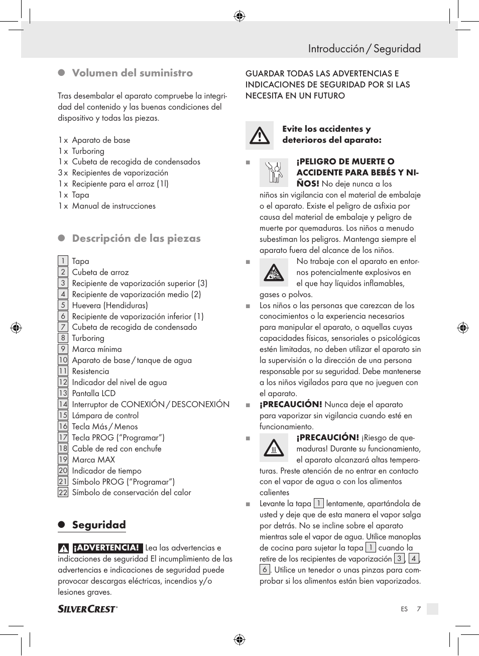 Introducción / seguridad, Volumen del suministro, Descripción de las piezas | Seguridad | Silvercrest SDG 800 A1 User Manual | Page 5 / 72
