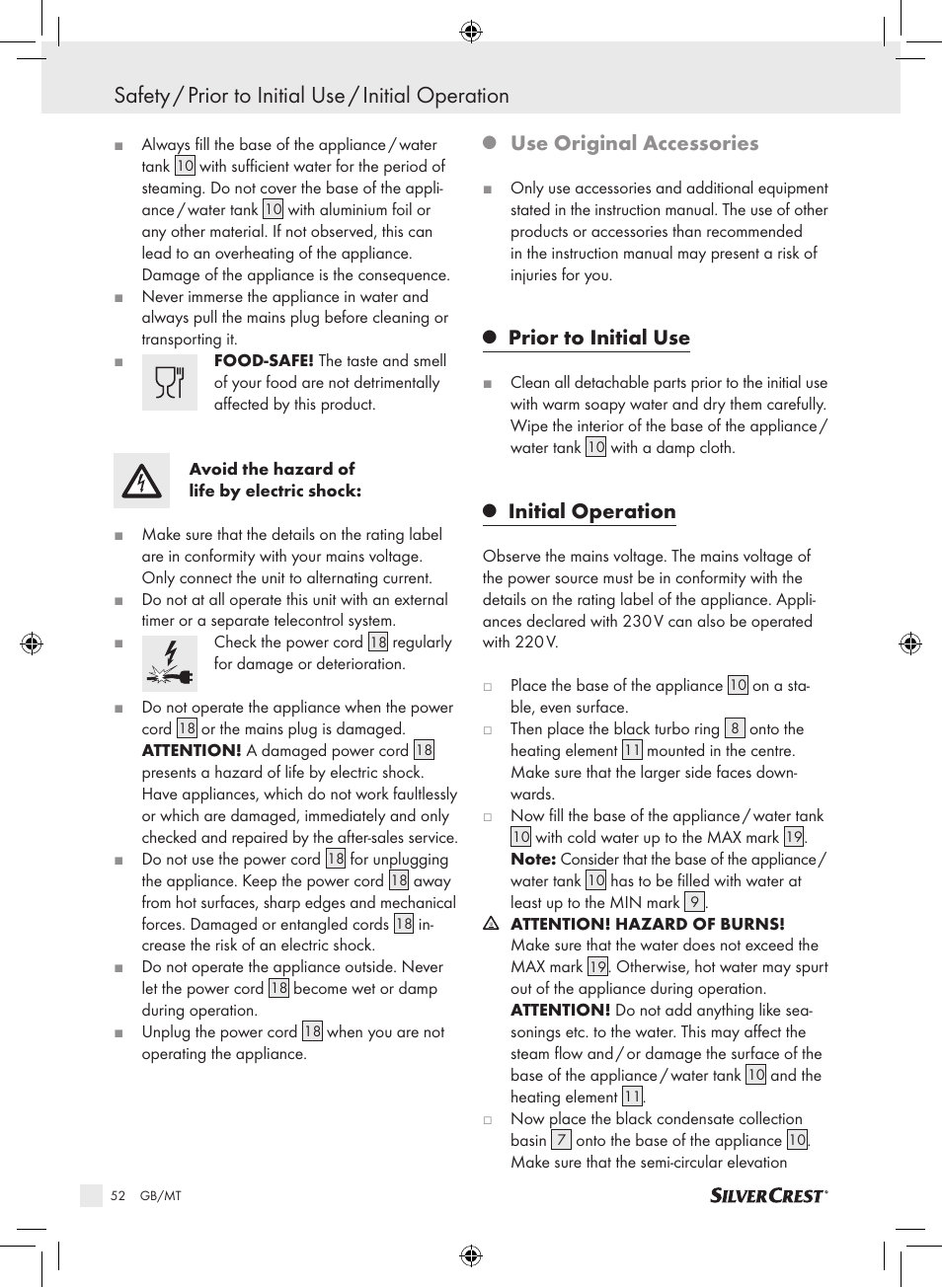 Safety / prior to initial use / initial operation, Use original accessories, Prior to initial use | Initial operation | Silvercrest SDG 800 A1 User Manual | Page 50 / 72