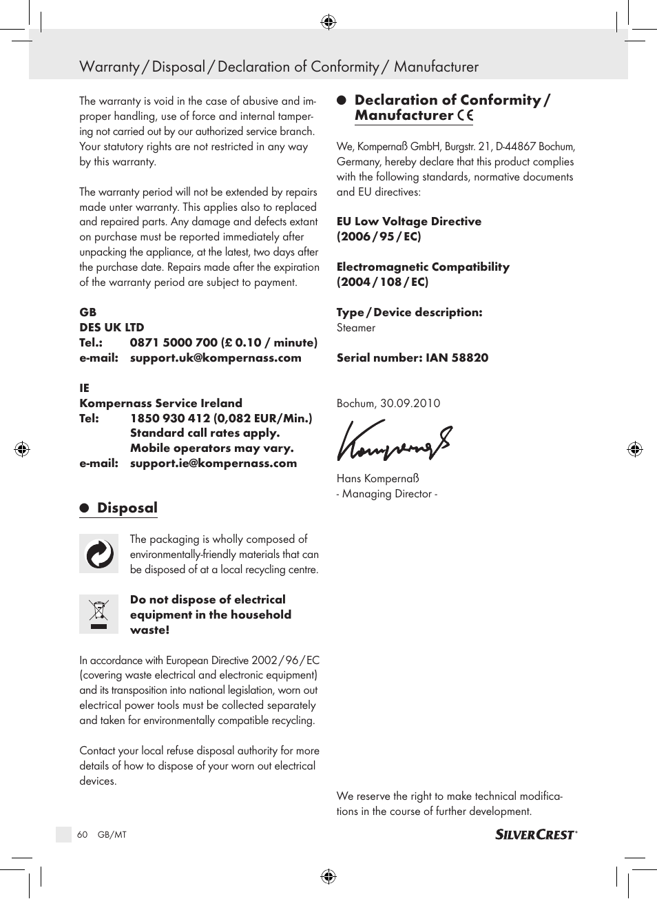 Disposal, Declaration of conformity / manufacturer | Silvercrest SDG 800 A1 User Manual | Page 58 / 72