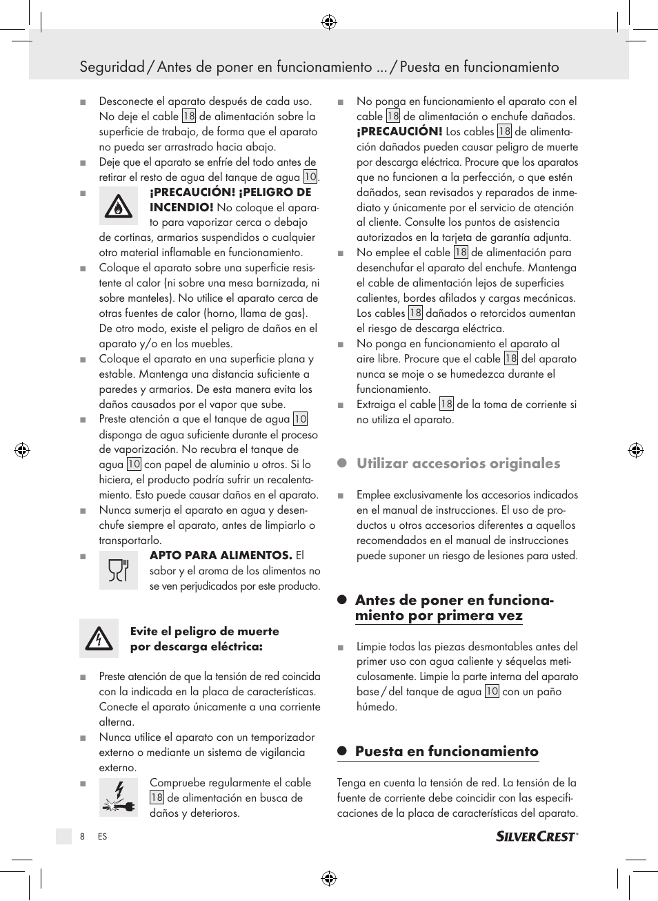 Utilizar accesorios originales, Antes de poner en funciona­ miento por primera vez, Puesta en funcionamiento | Silvercrest SDG 800 A1 User Manual | Page 6 / 72