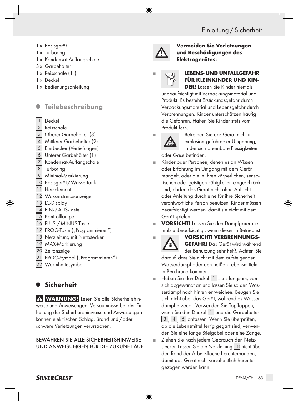 Einleitung / sicherheit, Teilebeschreibung, Sicherheit | Silvercrest SDG 800 A1 User Manual | Page 61 / 72