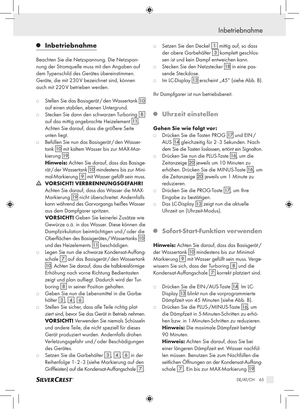 Inbetriebnahme, Uhrzeit einstellen, Sofort­start­funktion verwenden | Silvercrest SDG 800 A1 User Manual | Page 63 / 72